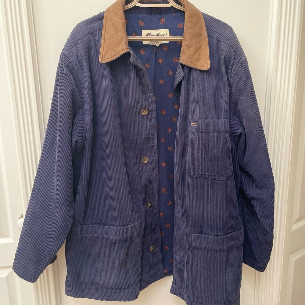 Eddie Bauer Navy Corduroy chore Jacket with Brown leather Collar